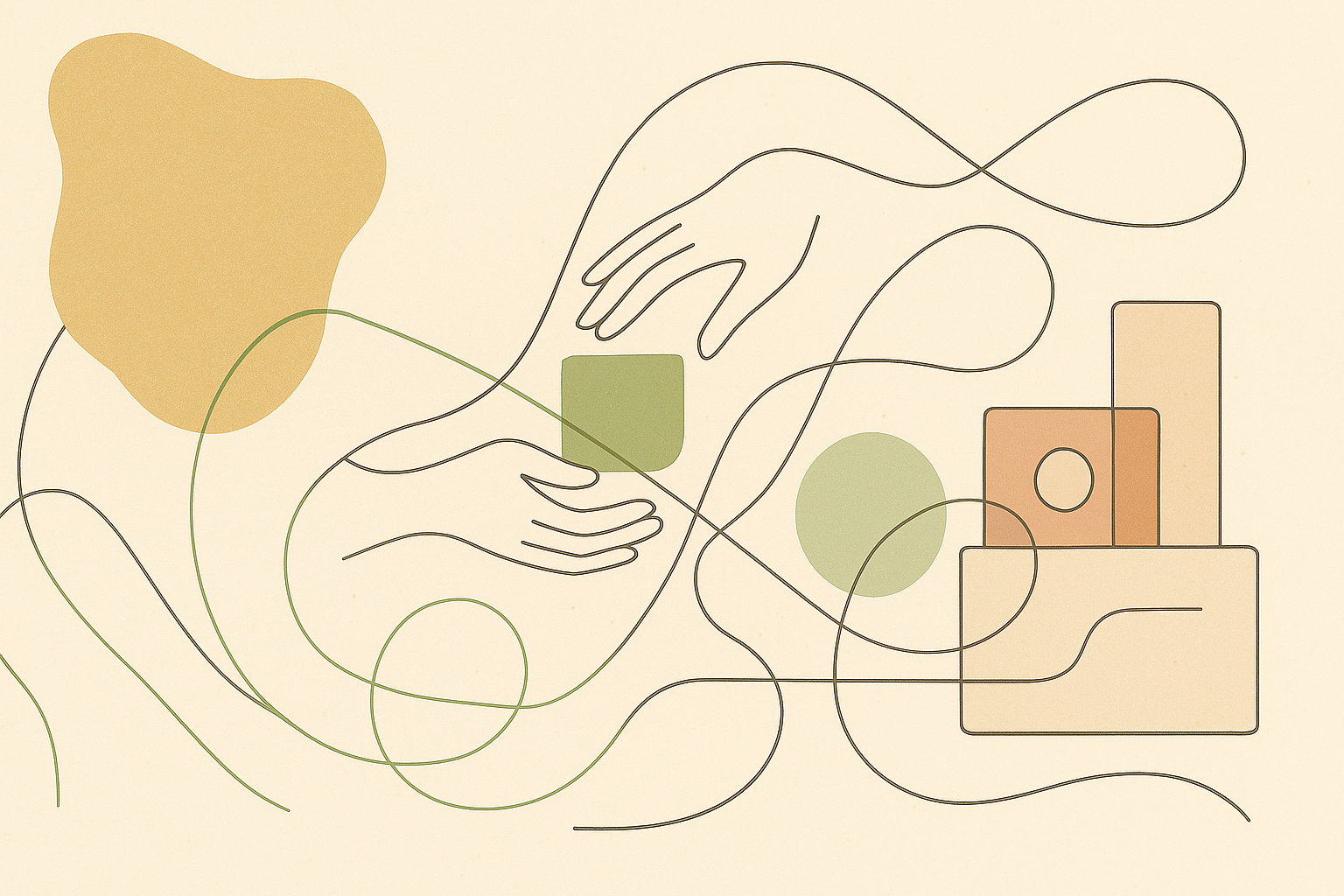 Illustrazione narrativa: mani e forme, equilibrio umano‑tecnico